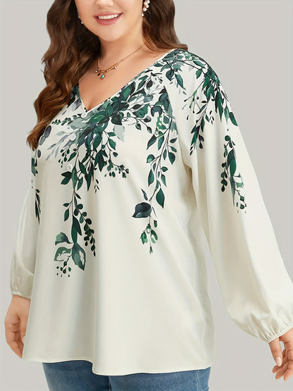 Plus Size Floral Print Blouse, Casual V Neck Long Sleeve Blouse For Spring, Women's Plus Size Clothing