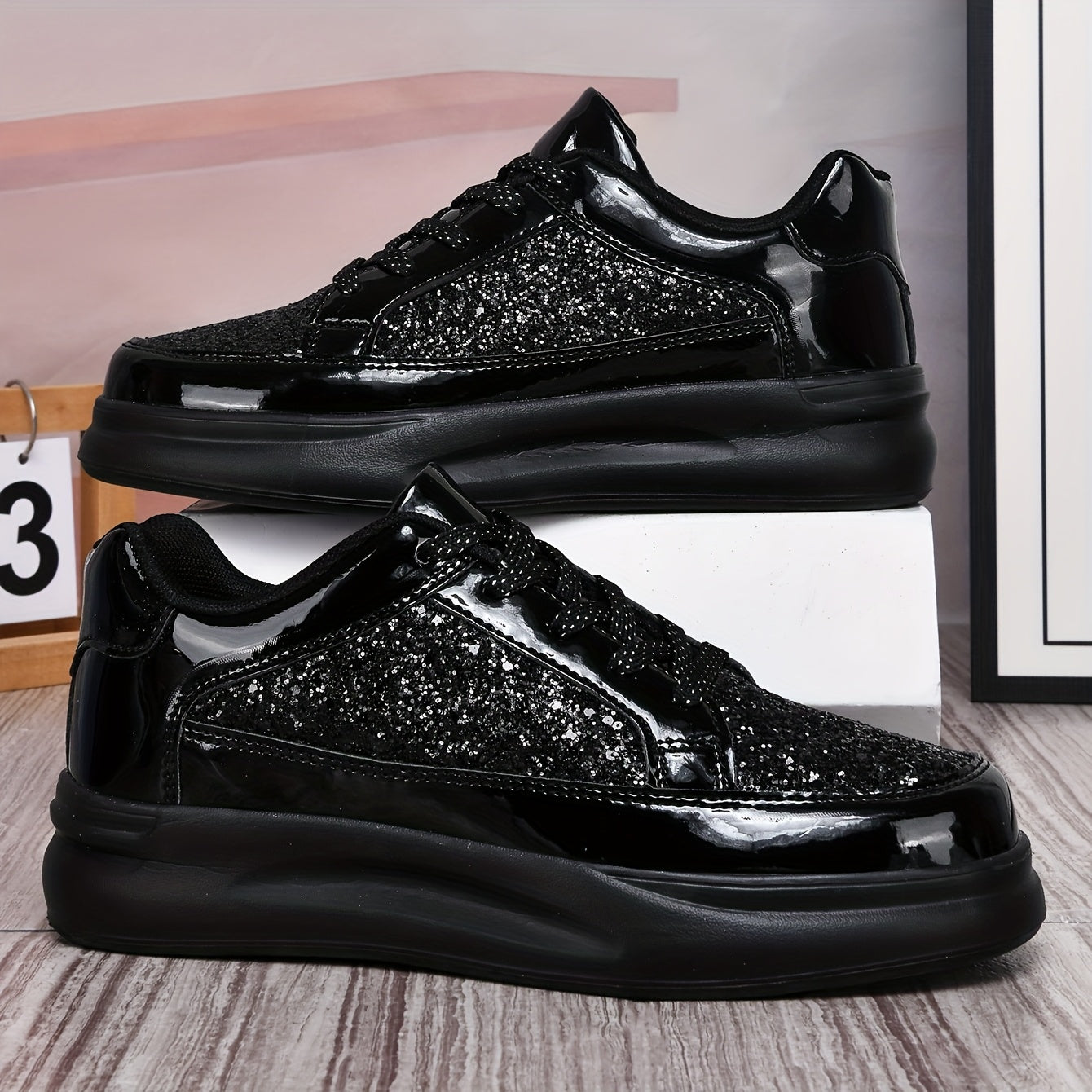 New Casual Sneakers, Fashionable and Versatile Sequined Shoes, Unisex Couple Style, Niche Platform Sneakers, Lightweight and Comfortable, Thick-Soled White and Black Sneakers - ayq
