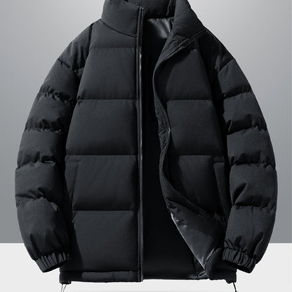 Men'S 2025 New Casual Jacket - Black, Stand Collar, Zip-Up, Long Sleeve, Polyester Filled, Winter Coat with Adjustable Drawstring Hood