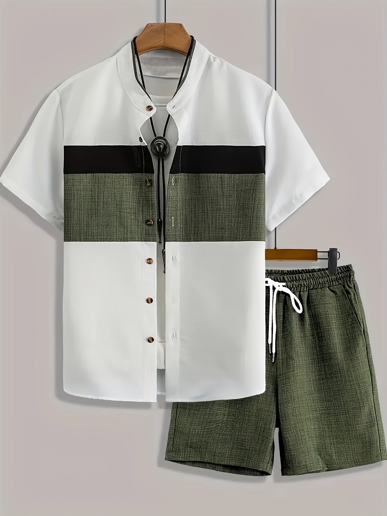 Men's Casual Summer Set: Stand Collar Shirt & Drawstring Shorts