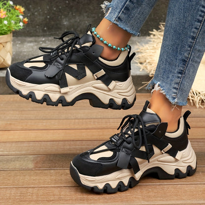 Women's Platform Sports Shoes, Two Tone Lace Up Height Increasing Chunky Sneakers, All-Match Walking Trainers