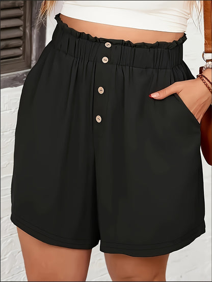 Elegant High-Waist Women's Casual Shorts - Chic Black with Button Detail, Comfy Polyester Blend, Perfect for Summer