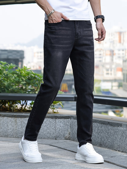 Men's Slim-Fit Stretch Denim Jeans - Casual Street Style, Mid-Rise, Light Blue, Comfortable & Versatile for All Seasons
