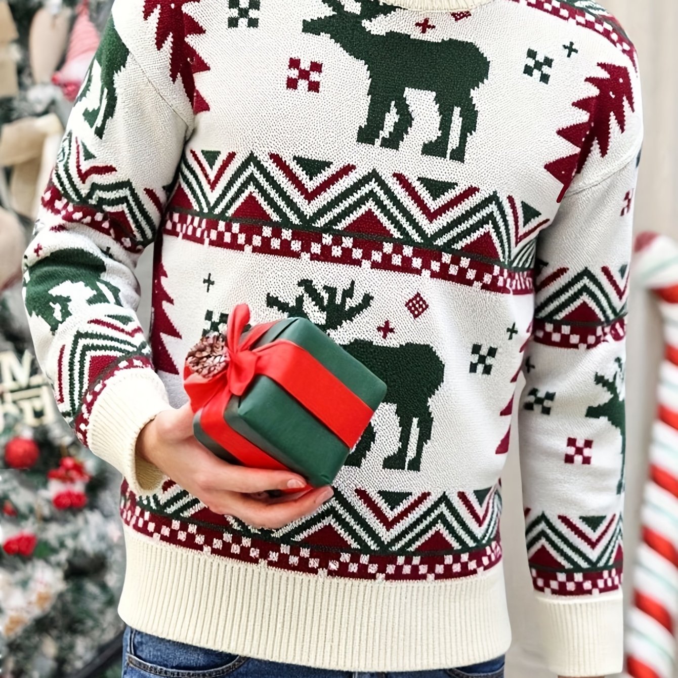 Men'S Winter Sweater - Christmas Deer & Snowflake Sweater with Red & Green Holiday Colors, Loose Fit Casual Knitwear, Drop Shoulder Long Sleeve Pullover, Soft Warm Winter Sweater for Christmas, Knit, Sweater For Men, Men Clot