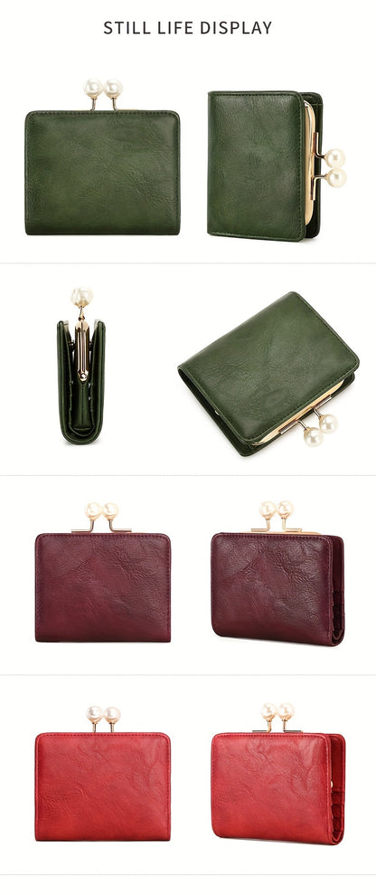 Women's Wallet Short Compact Three Layer LargeCapacity Retro Pearl Wallet High Quality PU Multi Card Seat/Coin ZeroWallet