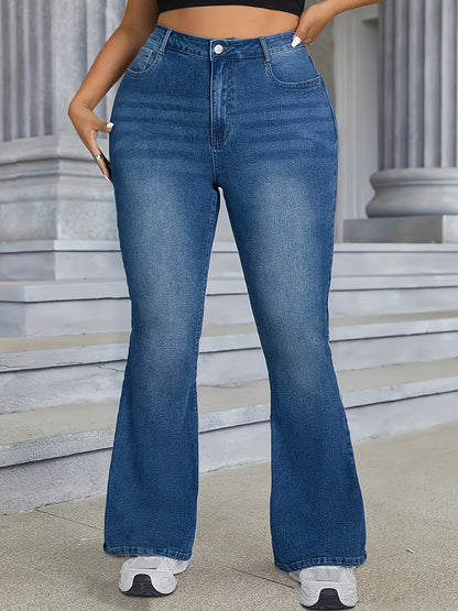 Women'S Plus Size Fashion Flare Jeans, էլեգանտ միագույն ջինս, 65% 20% պոլիեսթեր 14% վիսկոզա 1% սպանդեքս, միջին ձգվող, ամբողջ սեզոնային, լվացված ֆինիշ, հյուսված գործվածք, 410 գ/մ² - ամենօրյա շքեղություն