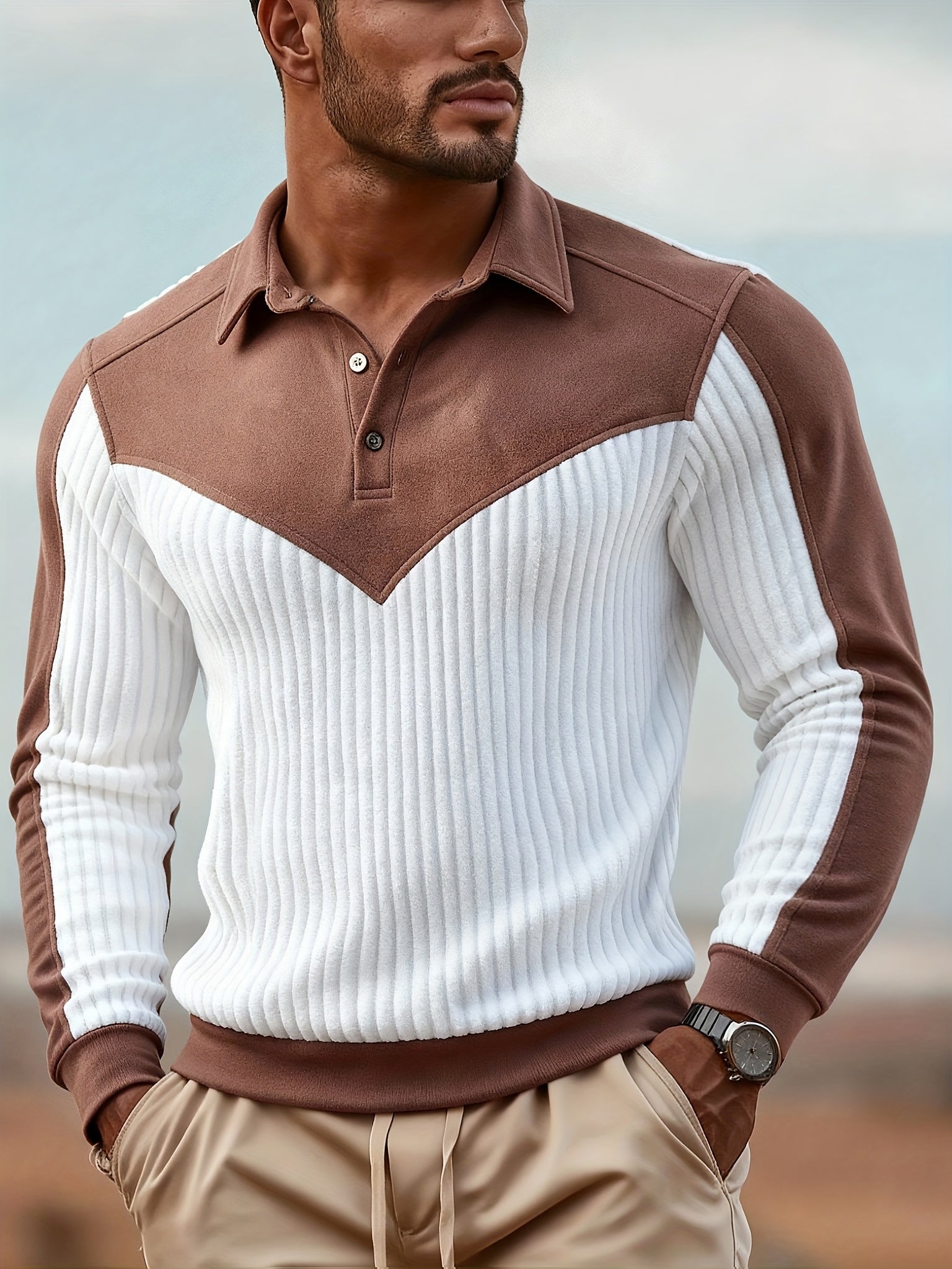 Men's Casual Long-Sleeve V-Neck Shirt for Fall/Winter - ayq