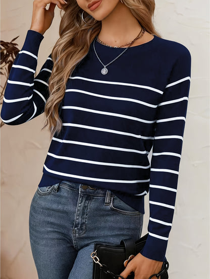Women's Casual Striped Round Neck Pullover Sweater