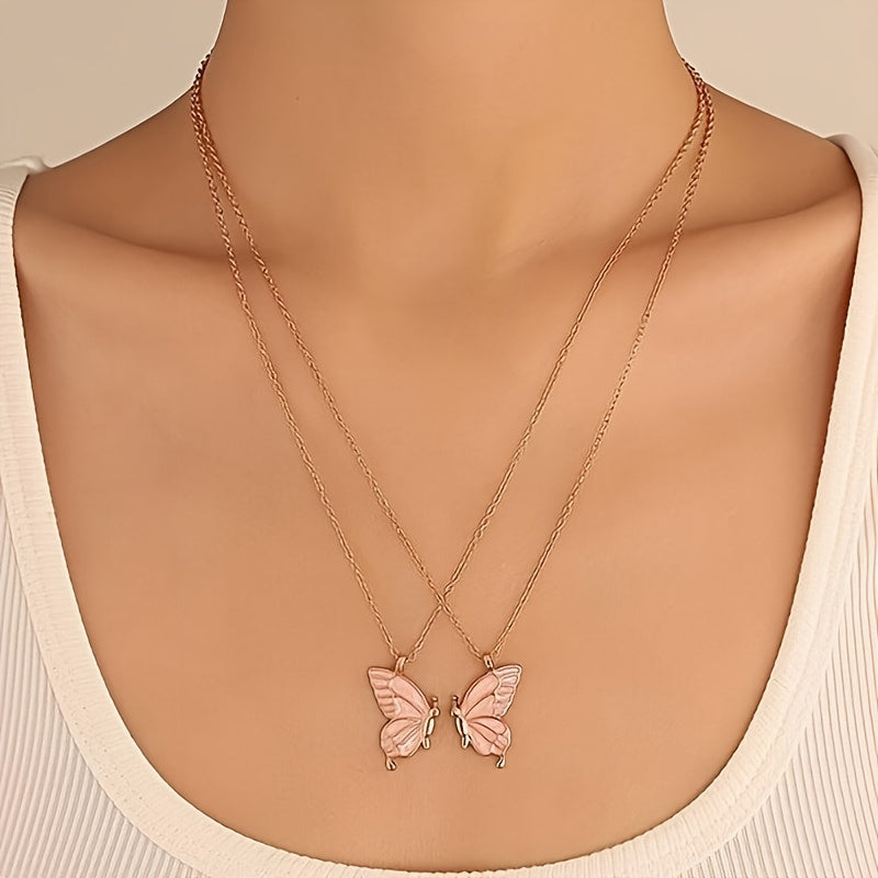 2pc Pink Color Butterfly Pendant Necklace Adjustable Zinc Alloy Neck Chain Jewelry For Couples