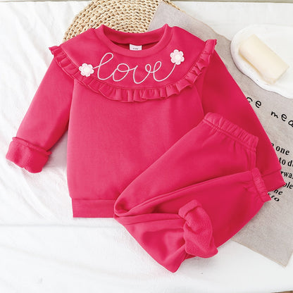 2pcs Soft Comfortable Girls' Outfit, New Year Christmas Valentine'S Day Set with Solid Color Long Sleeve Top + Elastic Waist Pants, LOVE Letter Embroidery Pattern, for Outdoor, Party, Birthday, Casual Wear, Party Attire, Eleg
