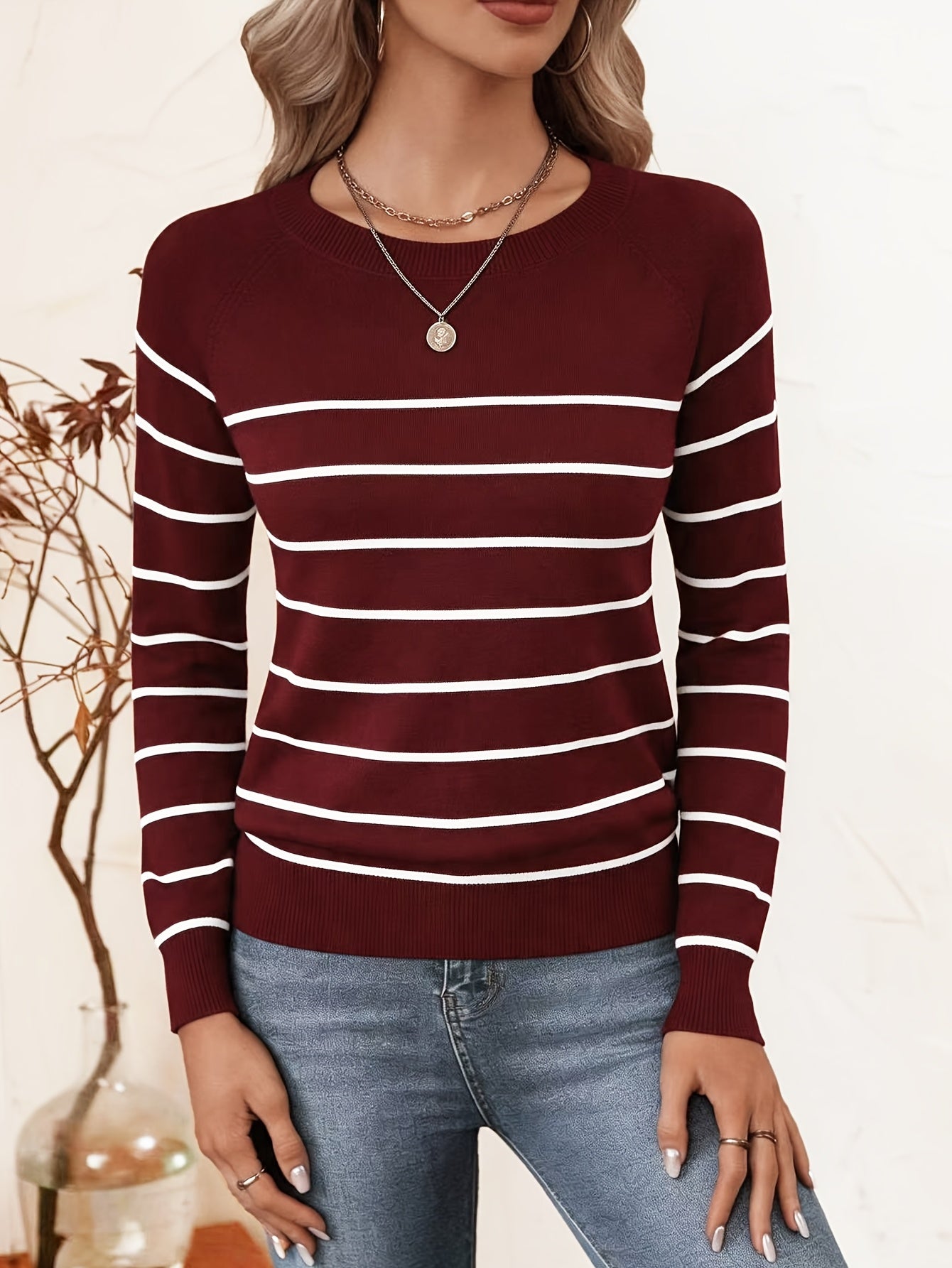Women's Casual Striped Round Neck Pullover Sweater