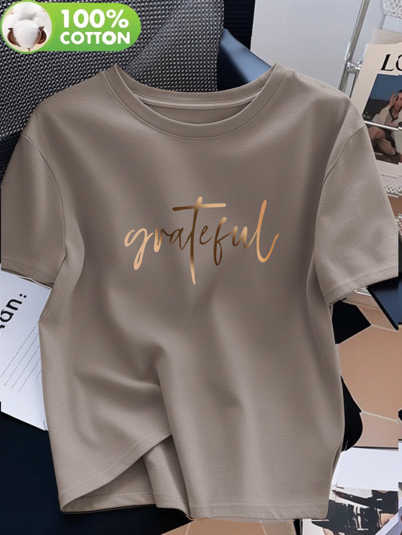 Women's 100% Cotton Casual T-Shirt with 'Grateful' Print