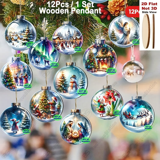 2D Flat, 12pcs Set Christmas Ball Wooden Decorations - Perfect for Christmas Tree New Year Decorations, Home and Window Decoration | Ideal Holiday Party Accessories, And Gifts, Christmas Decorations, Christmas Tree Decoration