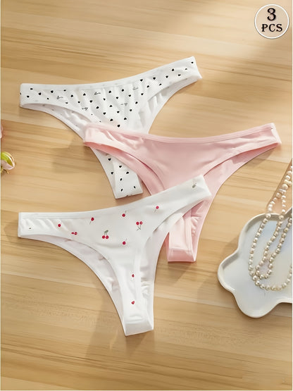 3pcs Women’s Cute Cherry Print Seamless Low Rise Thong Set
