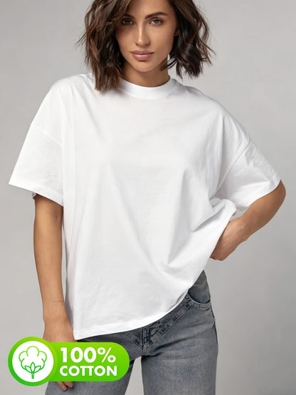 Women's Casual Solid Color Cotton T-Shirt, Crew Neck Summer Tee