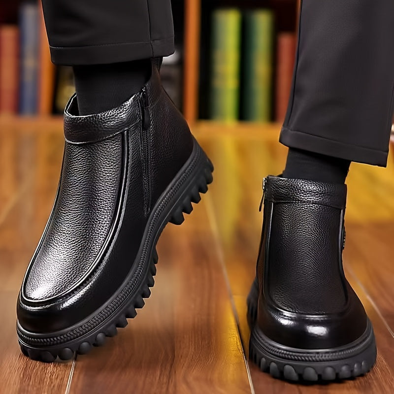 Տղամարդկանց ձմեռային ձնագնացքներ, կոճի բարձրությամբ, փափուկ ներդիրով՝ ջերմության համար, հարմարավետ սլիպ-օն դիզայն, դիմացկուն PU վերնամաս և PVC ներբան, իդեալական է բացօթյա գործունեության և ամենօրյա կրման համար: