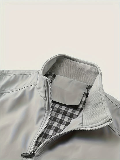 Men's Long Sleeve Zip Up Stand Collar Coat, Business Stand Collar Jacket With Zipper Pockets, Spring Autumn Men's Clothing