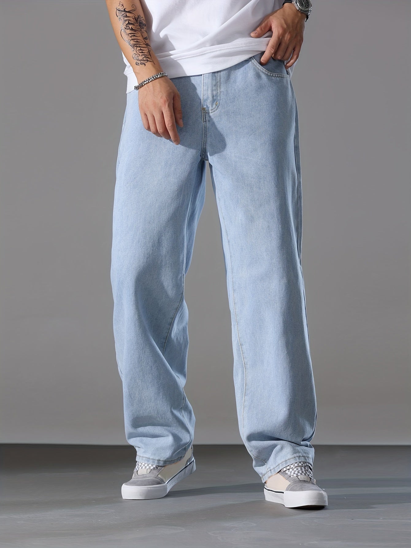 Men's Solid Denim Pants With Pockets, Causal Cotton Blend Jeans For Outdoor Activities
