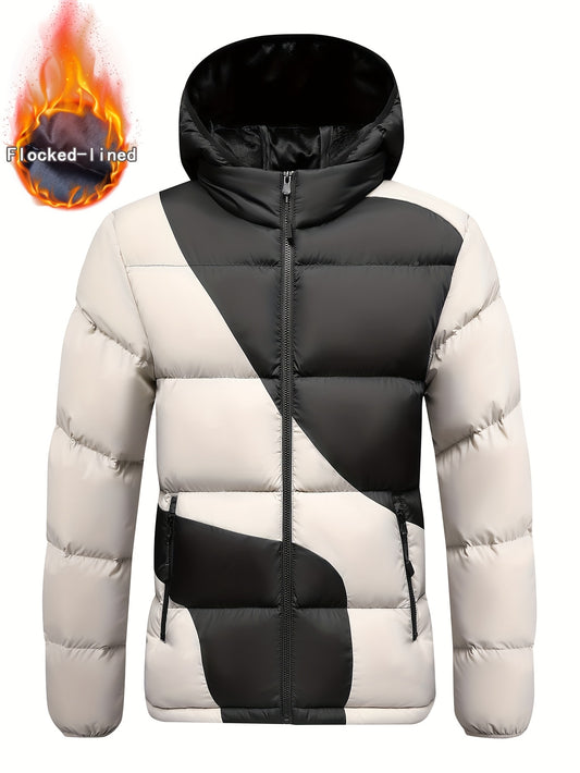 Men's Insulated Winter Jacket with Removable Hood & Thickened Lining - Dark Green/Black Color-Block Design, Zippered Pockets, Full-Zip Closure, Polyester Shell & Insulation for Casual Outdoor & Casual Attire - Cold Weather Co