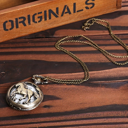 Retro Hollow Horse Quartz Pocket Watch Necklace, Animal Pendant Chain Souvenir Birthday Gift