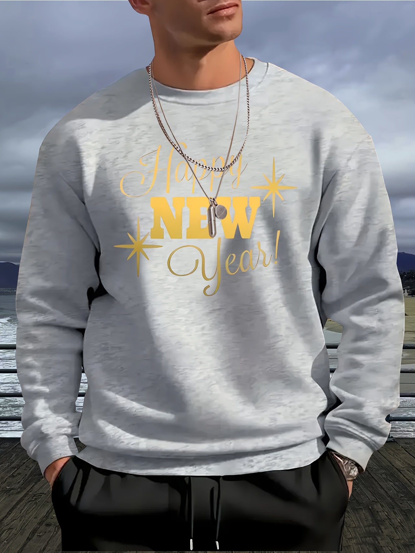 Men's Happy New Year Sweater - Loose Fit Round Neck Pullover Shirt with Golden Script, Light Grey & Machine Washable Casual Party Outfit for Everyday & Celebration Wear, Cute Sweaters, Festive Apparel, Festive Design, Durable