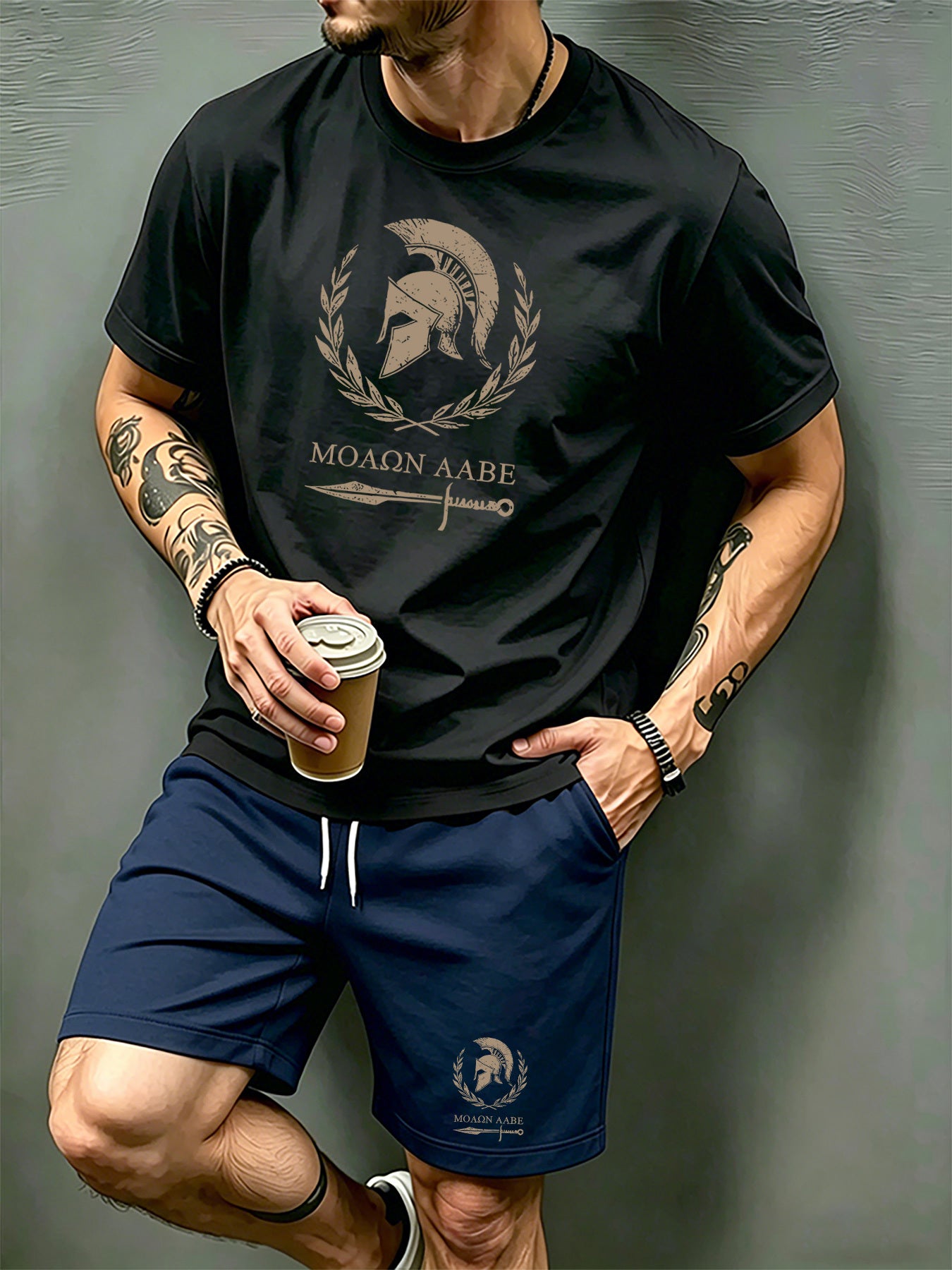 Men's Summer Short Sleeve T-Shirt and Shorts Set with Spartan Helmet P
