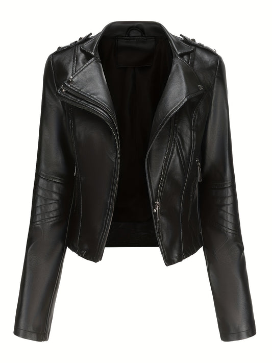 Women'S Casual Faux Leather Jacket, Solid Color, Long Sleeve, Regular Length, Fall/Winter, Zipper Placket, Woven, Non-Stretch Fabric, 100% Polyurethane, Lapel Collar, Dipped Hem Detail
