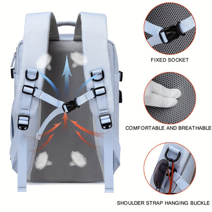 Airline-Approved 38.1cm Laptop Travel Backpack for Women, Light Blue Polyester with Adjustable Straps, Shoe Compartment & USB Charging Port - Ideal for School & Work Trips, Laptop Bag