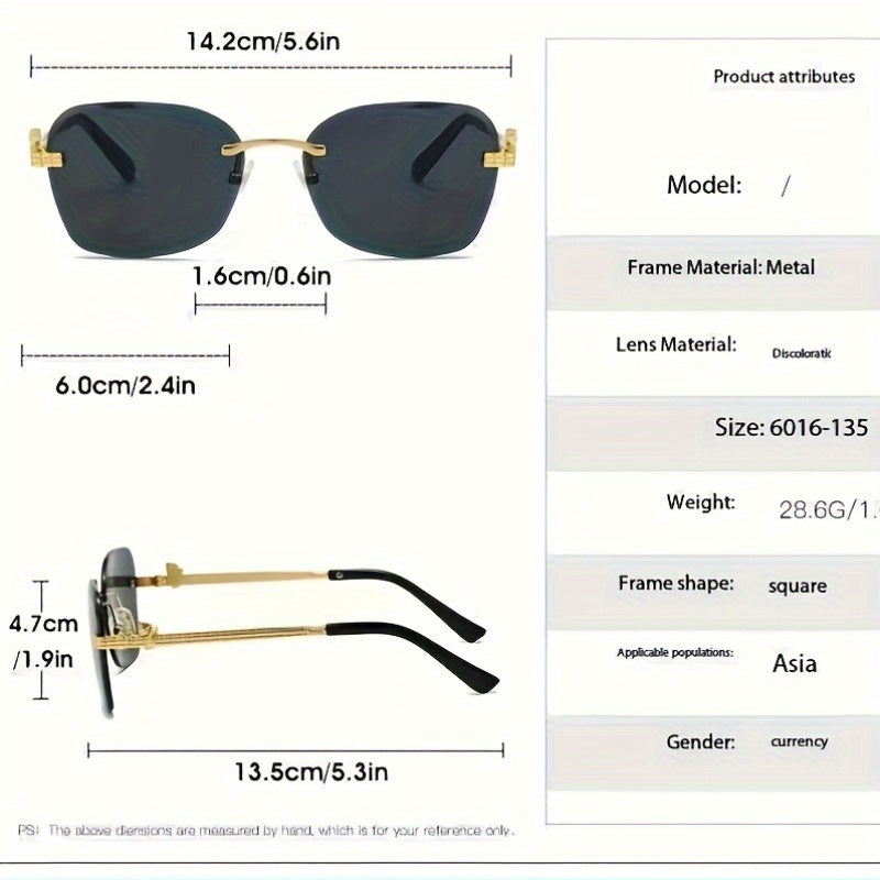 1 Pair Photochromic Square Fashion Glasses with PC Lenses & Golden-Tone Metal Frame - Transition Photochromic Lens Glasses, Rimless Design, Ideal for Trendy Men & Women, Perfect for Daily Wear & Gifting, Fashion Glasses|Squar