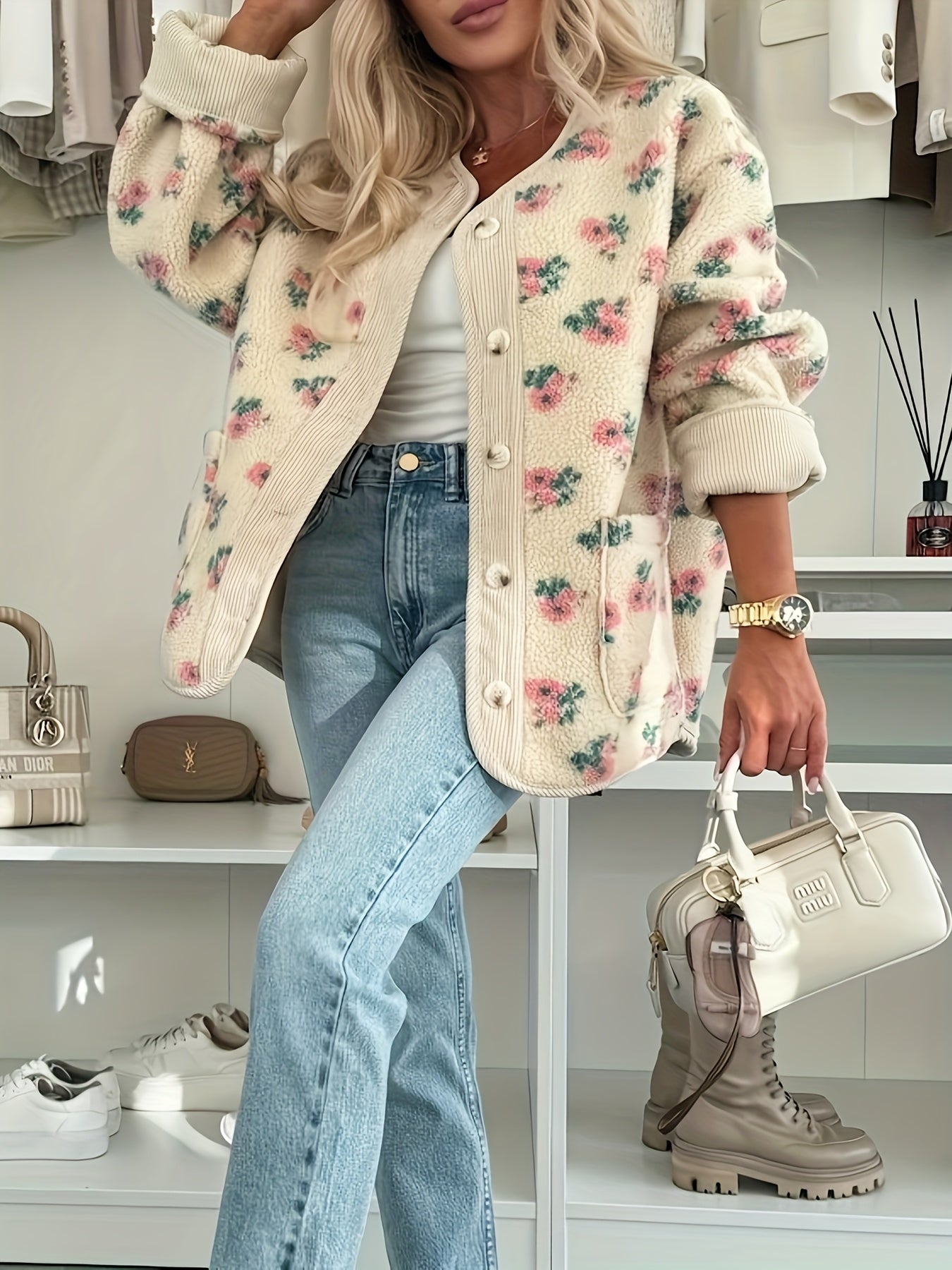 Կանացի ծաղկային նախշերով V-ձև օձիքով, կոճակներով առջևի վերարկու՝ գրպաններով - մեծ չափի H-գծի ուրվագիծ, լվացքի մեքենայով լվացվող ձմեռային բաճկոն՝ վարդագույն և կանաչ գույներով, աշուն/ձմեռ սեզոնի համար նախատեսված առօրյաից մինչև կիսաֆորմալ վերնազգեստ