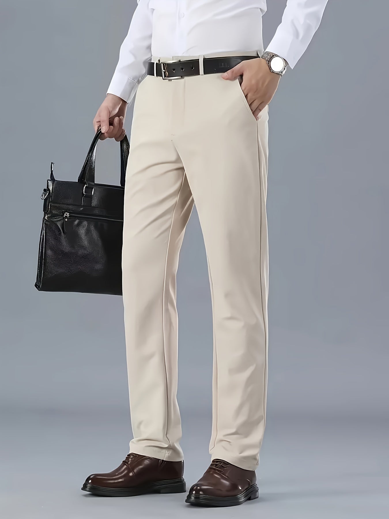Men's Solid Color Business Casual Pants, Lightweight Business Style Versatile Trousers for Office