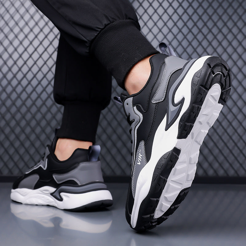 Men's Stylish Color-Block Sneakers - Black  Gray with White Accents, Comfortable All-Day Wear, Durable Rubber Sole, Lace-Up Design, Trendy Low-Top Style for Casual or Athletic Use, Casual Sneakers   Fashion Sneakers   Pu Mat