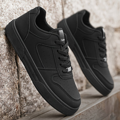 Breathable Skate Shoes - Sleek Black Low-Top Casual Sneakers with Durable PU Upper & PVC Sole, Comfortable Lace-Up Streetwear for Men and Women, All-Season