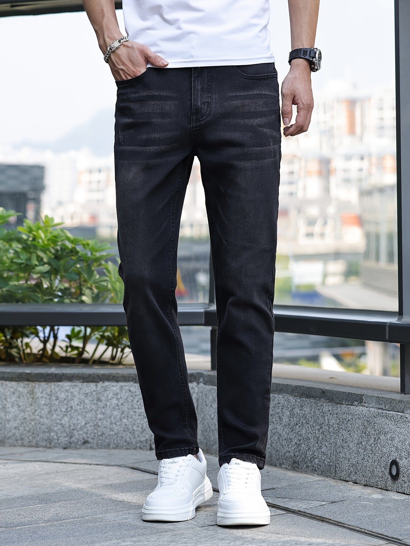 Men's Slim-Fit Stretch Denim Jeans - Casual Street Style, Mid-Rise, Light Blue, Comfortable & Versatile for All Seasons