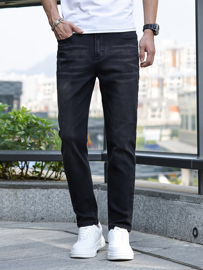 Men's Slim-Fit Stretch Denim Jeans - Casual Street Style, Mid-Rise, Light Blue, Comfortable & Versatile for All Seasons