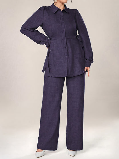 Stylish and Elegant Casual Two-Piece Women's Outfit with Side Tie Single-Breasted Shirt and Wide-Leg Pants for Office Wear