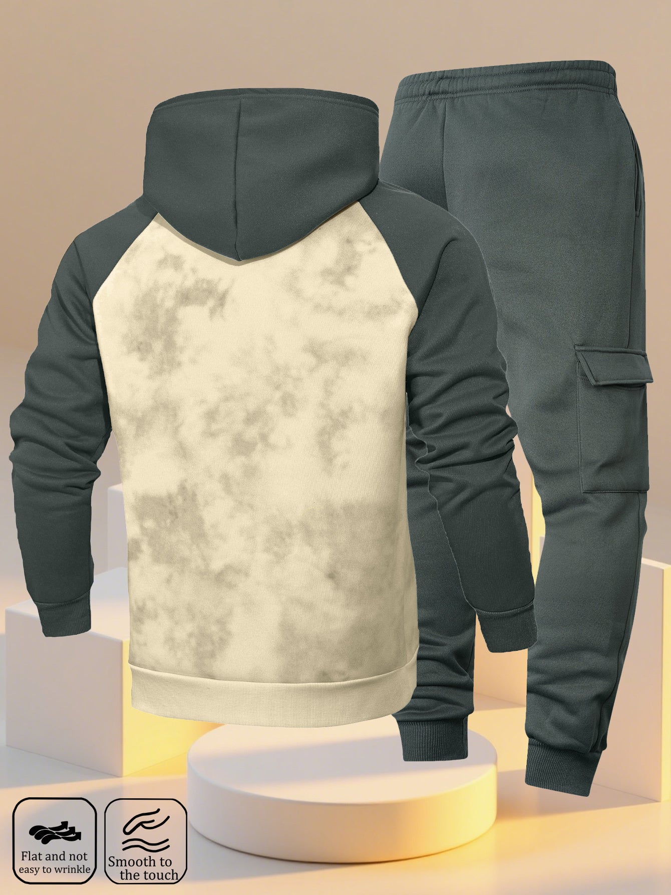 A New Trendy Color-Blocked Hoodie with Raglan Sleeves And Loose-Fitting Cargo Pants Featuring Multiple Pockets, Perfect for Casual Everyday Wear. This Breathable Hoodie And Loose Long Pants Set Comes in a Two-Piece Print Desi