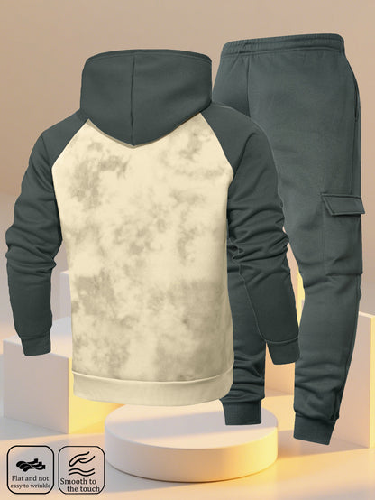 A New Trendy Color-Blocked Hoodie with Raglan Sleeves And Loose-Fitting Cargo Pants Featuring Multiple Pockets, Perfect for Casual Everyday Wear. This Breathable Hoodie And Loose Long Pants Set Comes in a Two-Piece Print Desi