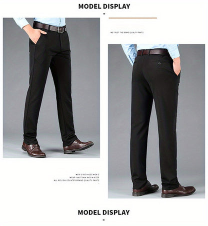 Men's Sleek Business Casual Dress Pants - Solid Black, Straight Leg, Wrinkle-Resistant Polyester Blend, All-Season Formal Trousers with Button Detail