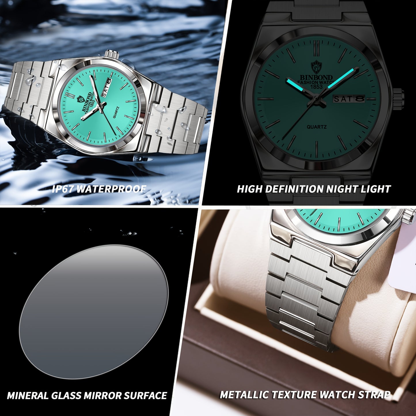 BINBOND Women'S Quartz Watch - Elegant Business & Leisure Timepiece, Stainless Steel Band, Round Zinc Alloy Case, IP67 Rating, Stopwatch Feature, Electronic Drive, Pointer Display, Durable Design for Weeks & Days, Business Ti