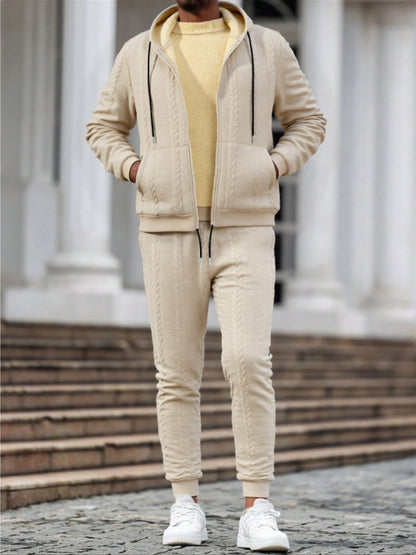 Տղամարդկանց ձմեռային նորաձևության երկմասանոց հավաքածու. Ժակարդե գլխարկով կարդիգան՝ աստառով և երկար տաբատ – իդեալական է աշնան և ձմռան համար, ձմեռային հագուստ տղամարդկանց համար