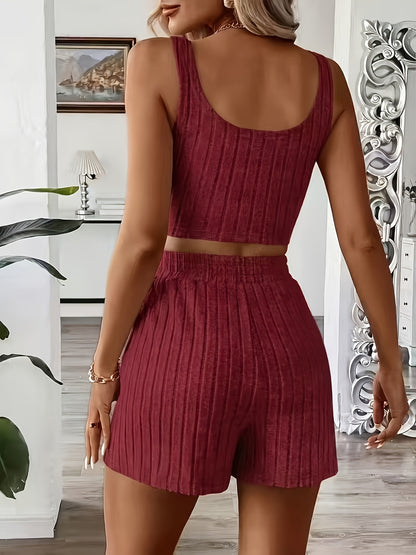 Women's Casual Summer Tank Top and Shorts Set, Polyester Blend