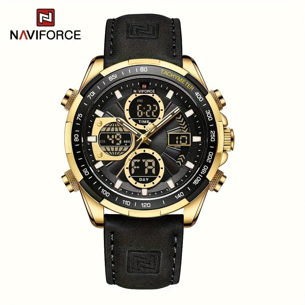NAVIFORCE Men's Luxury Sports Quartz Watch - Waterproof, Genuine Leather Strap, Dual Display with Date & Chronograph Functions, Case, Green Accents, Luxury Timepiece|Tachymeter Equipped|Genuine Leather Band Valentine's Day