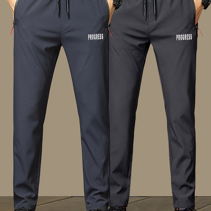 2pcs Men's Lightweight Joggers - Quick-Dry Breathable Polyester, Stylish "PRINCESS" Print with Drawstring Waist & Zipper Pockets, Black Casual Sweatpants for Casual Attire, Adjustable Comfort Pants | Stylish Print Joggers | S