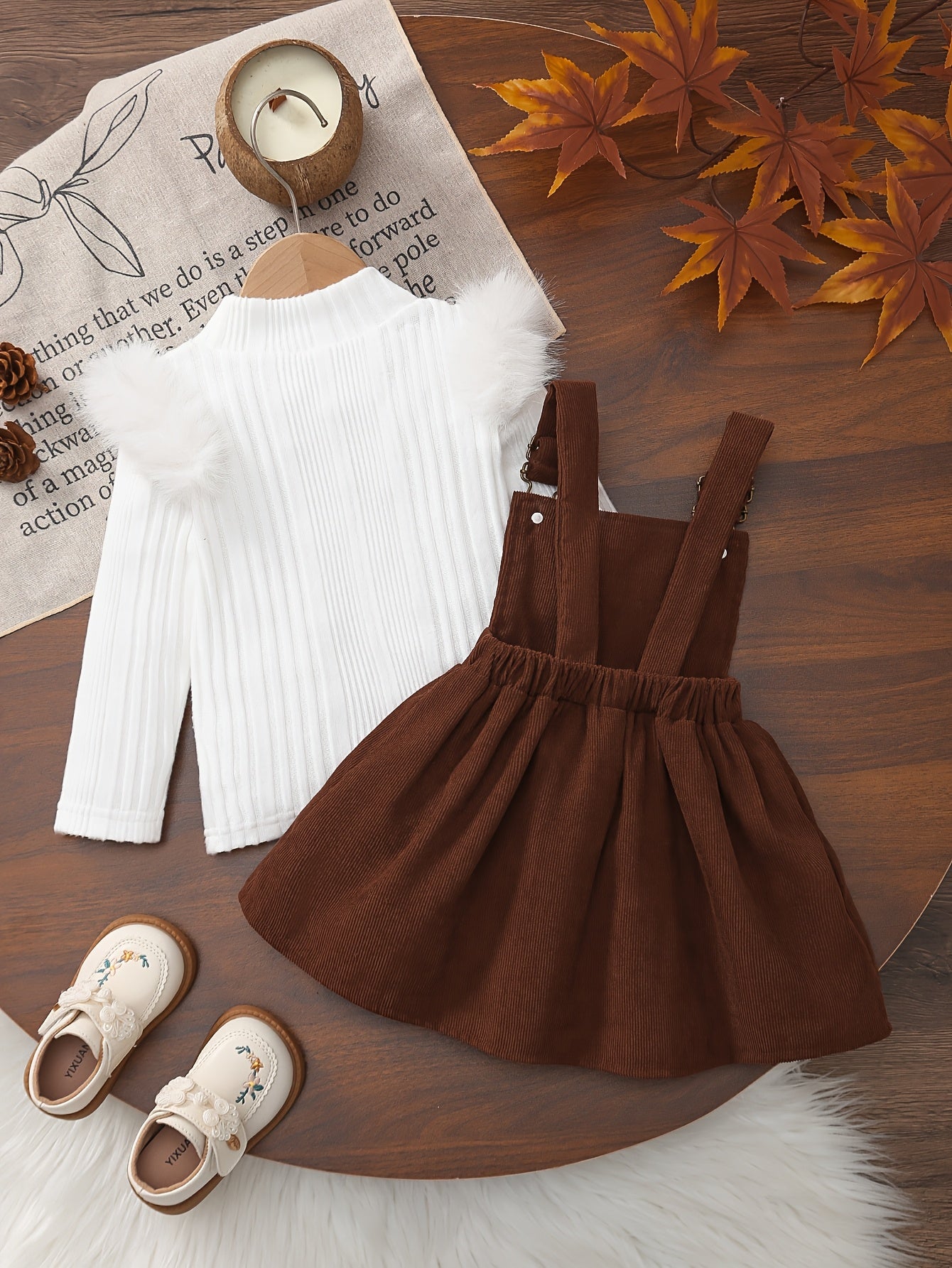 2 հատ մանկական ձմեռային հագուստի հավաքածու. Հարմարավետ փափուկ թևքերով զգեստ և A-գծի ժապավեն՝ օձիքով և ծոպերով զարդարանքով - փափուկ, տաք հագուստ լուսանկարահանումների համար, Սուրբ Ծնունդ (ձեռքով լվացվող), իդեալական է բացօթյա օգտագործման համար