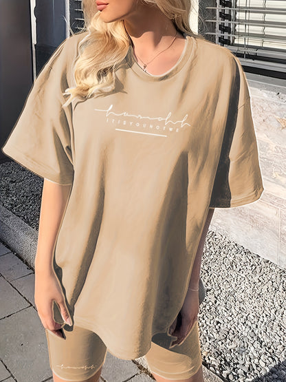 Women's Chic Lavender Letter Print Casual T-Shirt & Shorts Set - Comfy Polyester, Mid-Stretch Fabric, Round Neck, Machine Washable - Perfect for Spring/Summer