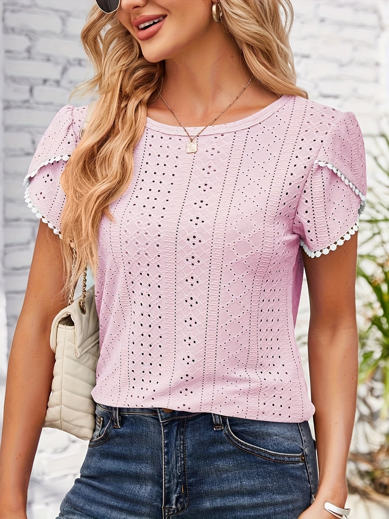 Women'S Elegant Blouse - Soft Pink Round Neck T-Shirt with Floral-like eyelet details, Breathable Loose Fit Top for Casual & Formal Outfits - Everyday Summer Shirt for Women, Ladies T Shirts, Versatile Clothing, Feminine Styl