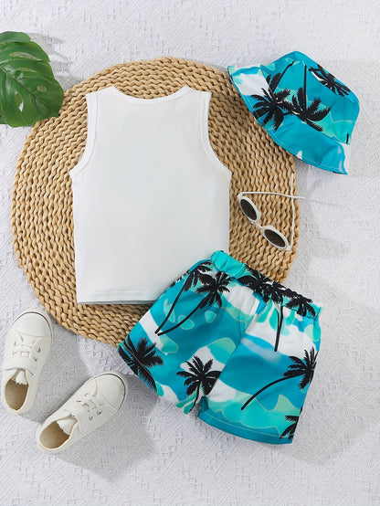 Boys' Summer Vacation Vest, Shorts & Hat Set with Coconut Tree Print