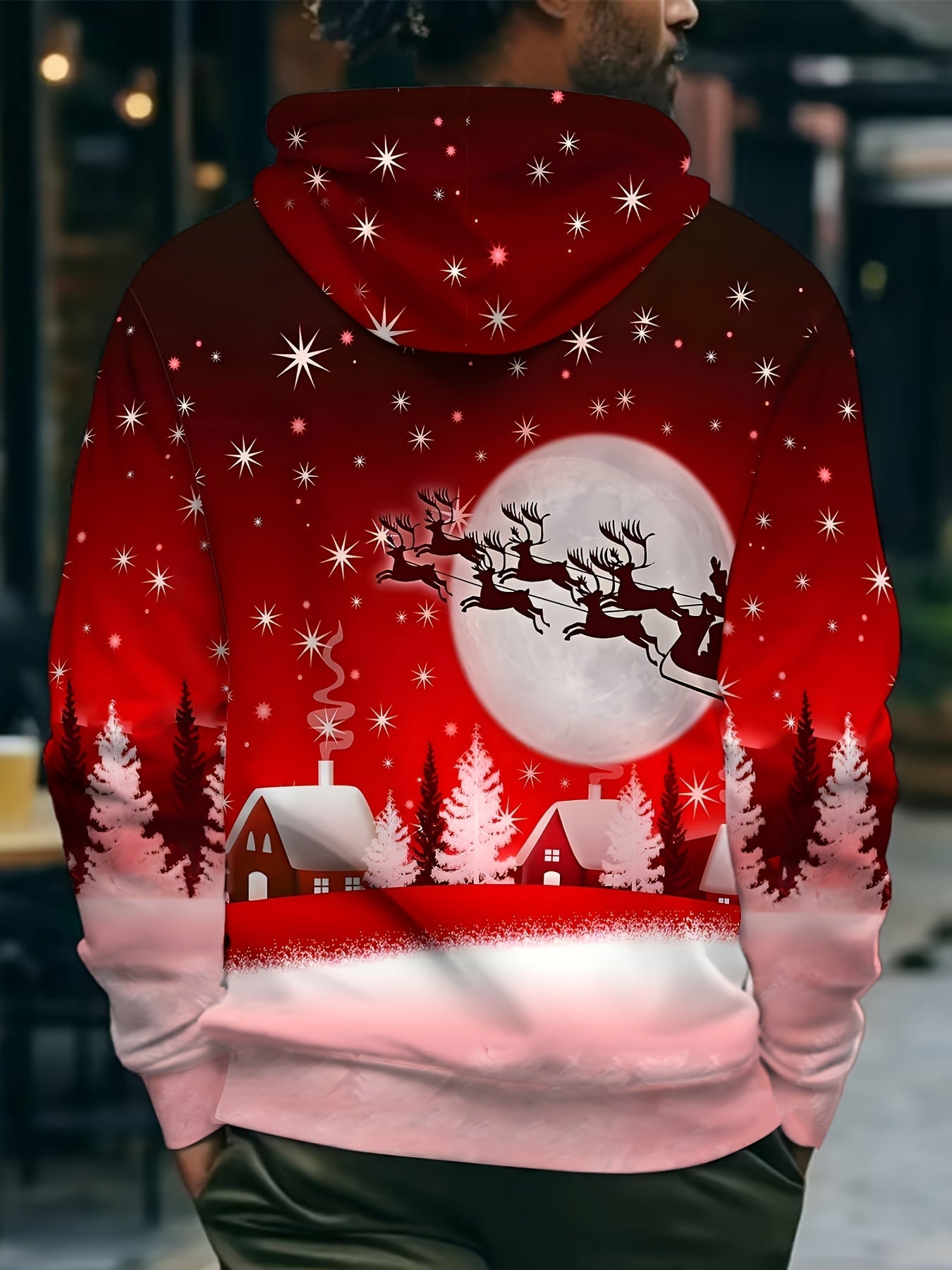Men'S Christmas Hoodie with Full-Zip Closure - Red & Pink Holiday Print Sweatshirt, Machine Washable Polyester Jacket for Christmas Parties, Family Gatherings - Cozy Winter Outerwear for Men, Seasonal Fashion, Festive Design,