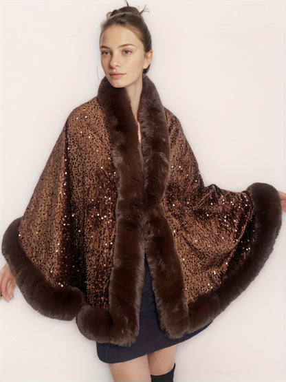 Մեծ չափսի կանացի էլեգանտ շալ-թիկնոց-պոնչո - շքեղ շագանակագույն թիկնոց՝ փայլուն հմայքով, խիտ ձմեռային վերարկու երեկույթների, պաշտոնական միջոցառումների համար՝ չձգվող գործվածք, հեշտ խնամվող էլեգանտ փաթաթան ամենօրյա հատուկ առիթների համար, երեկույթի հագուստ, C